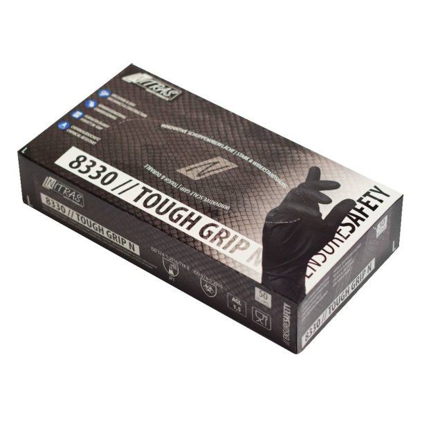 Engangshandsker 50 stk<br>Sort nitril<br>Ekstra strke<br>Nitras 8330