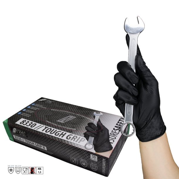 Engangshandsker 50 stk<br>Sort nitril<br>Ekstra strke<br>Nitras 8330